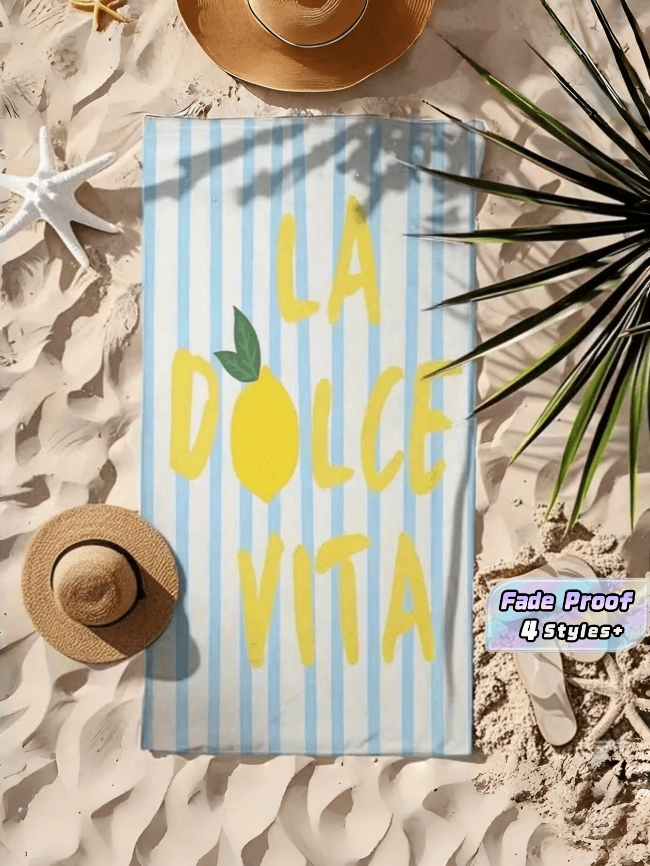 1件 LaDolceVita 淺藍條紋黃色檸檬圖案義大利復古勵志語錄復古沙灘巾,柔軟快乾超細纖維,生日、節日派對、情人節、週年紀念、母親節的完美禮物 - 彩色 - 查看 1