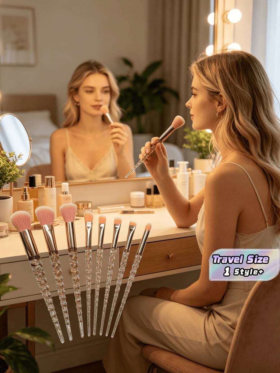 7 Pcs Pink Crystal Handle Makeup Brushes With Inner Diamond Multi Function Face Powder Blush Foundation Eye Shadow Tool - Pink - View 1