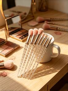 7 Pcs Pink Crystal Handle Makeup Brushes With Inner Diamond Multi Function Face Powder Blush Foundation Eye Shadow Tool - Pink - View 5
