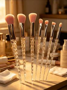 7 Pcs Pink Crystal Handle Makeup Brushes With Inner Diamond Multi Function Face Powder Blush Foundation Eye Shadow Tool - Pink - View 6