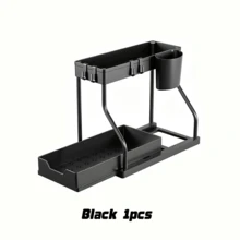 Estante de almacenamiento debajo del fregadero de material plástico de doble capa con cajones deslizantes - Solución de almacenamiento multifuncional para la cocina y el baño: Estante de almacenamiento debajo del fregadero y gabinete de almacenamiento en negro - Multicolor - Ver 13