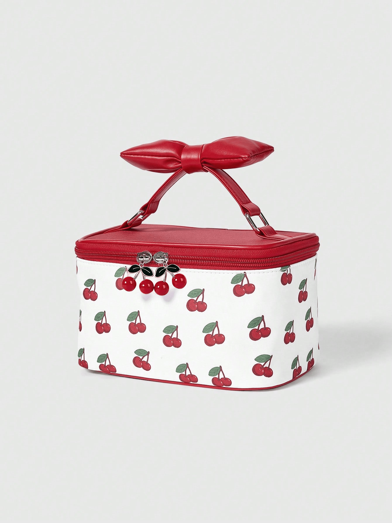 Kawaii Bolsa de cosméticos portátil para viaje con estampado de cerezas para mujer, bolsa de cosméticos suave multifuncional de gran capacidad, bolsa de almacenamiento portátil con lazo