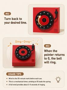 Zazumi 1Pc Mechanical Magnetic Timer, White/Red Record Player Shaped Timer, Kitchen Timing Reminder, Cooking Alarm Clock For Student Time Management - Multicolor - View 7