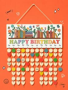 superFUNNYmarket 木质家庭生日日历板，DIY悬挂式提醒牌，书本和花朵图案，心形标签墙饰，生日纪念日追踪器，送给妈妈和奶奶的完美生日礼物，客厅壁画，生日礼物，家居装饰挂件，节日生日礼物 - 彩色 - 查看 1
