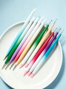 Juego de 5 pinceles de arte de uñas con degradado de doble extremo, punta de silicona y bolígrafo de puntos para manicura, tallado, relieve y decoración de uñas - Rosa - Ver 3