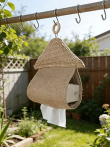 Cirelle Boho Farmhouse House-Shaped Hanging Tissue Holder, Handwoven Jute Linen Wall Mount Napkin Dispenser With Hook. Sturdy Durable Fabric Storage Bag, Vintage Rustic Decor For Kitchen, Dining Room, Balcony And Semi-Outdoor Space. - Multicolor - View 2