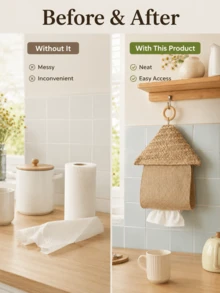 Cirelle Boho Farmhouse House-Shaped Hanging Tissue Holder, Handwoven Jute Linen Wall Mount Napkin Dispenser With Hook. Sturdy Durable Fabric Storage Bag, Vintage Rustic Decor For Kitchen, Dining Room, Balcony And Semi-Outdoor Space. - Multicolor - View 4
