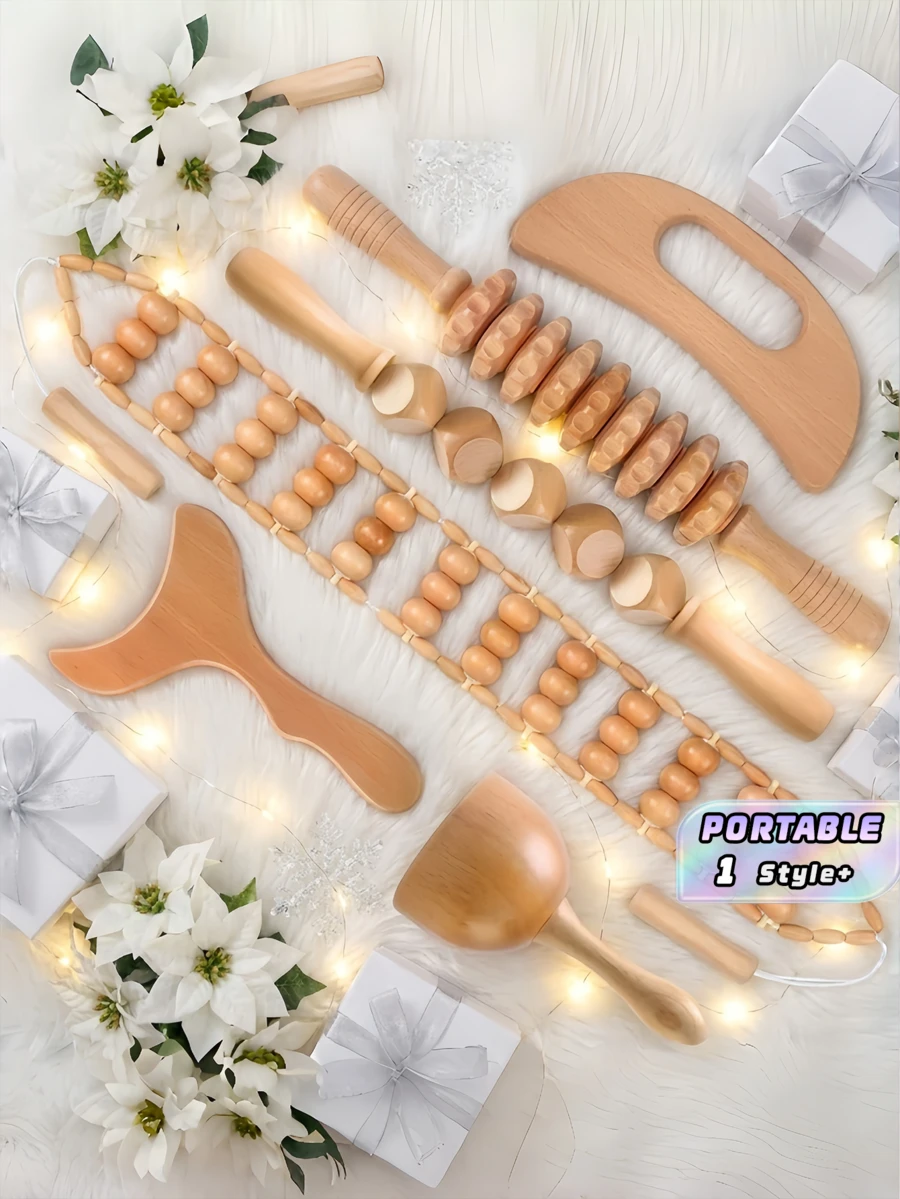 6PCS Wooden Roller Massager Set Manual Wood Massage Tool Kit For Body Back Leg Relaxation Home Travel Spa Essential Self Massage Tools Gift For Women Men Birthday Christmas - Yellow - View 1