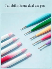 Juego de 5 pinceles de arte de uñas con degradado de doble extremo, punta de silicona y bolígrafo de puntos para manicura, tallado, relieve y decoración de uñas - Rosa - Ver 7