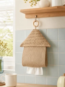 Cirelle Boho Farmhouse House-Shaped Hanging Tissue Holder, Handwoven Jute Linen Wall Mount Napkin Dispenser With Hook. Sturdy Durable Fabric Storage Bag, Vintage Rustic Decor For Kitchen, Dining Room, Balcony And Semi-Outdoor Space. - Multicolor - View 1