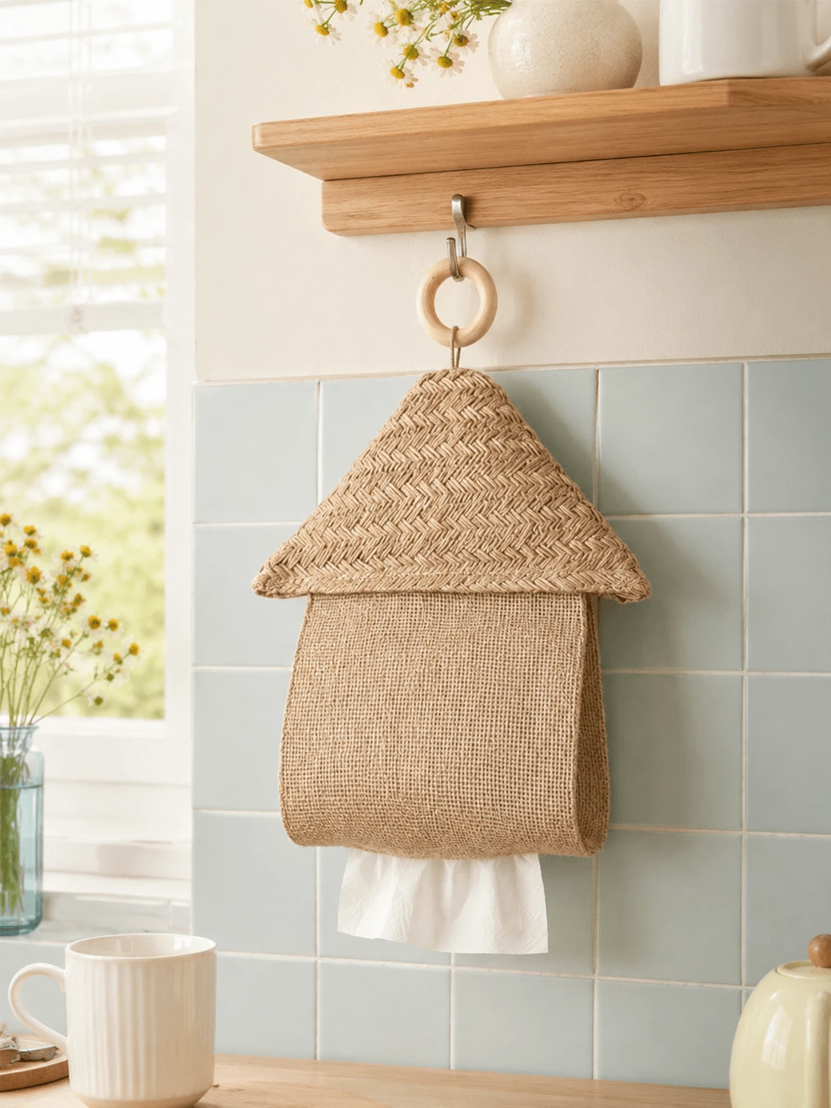 Cirelle Boho Farmhouse House-Shaped Hanging Tissue Holder, Handwoven Jute Linen Wall Mount Napkin Dispenser With Hook. Sturdy Durable Fabric Storage Bag, Vintage Rustic Decor For Kitchen, Dining Room, Balcony And Semi-Outdoor Space. - Multicolor - View 1