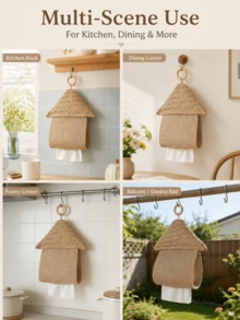 Cirelle Boho Farmhouse House-Shaped Hanging Tissue Holder, Handwoven Jute Linen Wall Mount Napkin Dispenser With Hook. Sturdy Durable Fabric Storage Bag, Vintage Rustic Decor For Kitchen, Dining Room, Balcony And Semi-Outdoor Space. - Multicolor - View 6