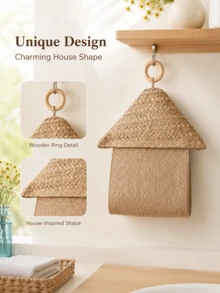 Cirelle Boho Farmhouse House-Shaped Hanging Tissue Holder, Handwoven Jute Linen Wall Mount Napkin Dispenser With Hook. Sturdy Durable Fabric Storage Bag, Vintage Rustic Decor For Kitchen, Dining Room, Balcony And Semi-Outdoor Space. - Multicolor - View 5