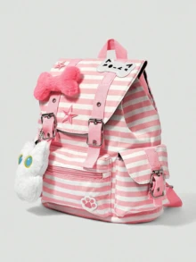 ROMWE Anime 1Pc Pink And White Punk College Style Cat Paw Print Bone Star Contrasting Color Stripe Multi-Pocket Backpack Fashion And Leisure Unisex Large Capacity Backpack Suitable For Commuting And School - Pink white - View 2