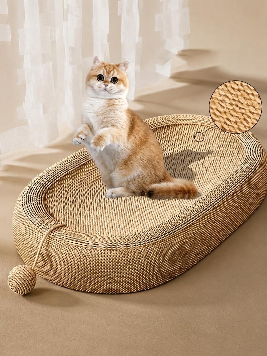 大型椭圆形剑麻猫抓柱，耐用猫抓垫，配有剑麻玩具球，无需组装，四季皆宜，非常适合猫咪玩耍和睡觉。