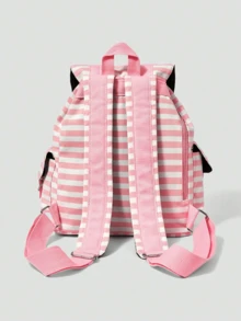 ROMWE Anime 1Pc Pink And White Punk College Style Cat Paw Print Bone Star Contrasting Color Stripe Multi-Pocket Backpack Fashion And Leisure Unisex Large Capacity Backpack Suitable For Commuting And School - Pink white - View 3