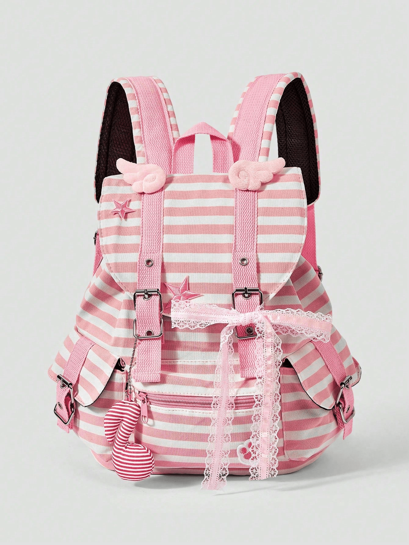 Anime Punk Academy Wind Cat Claw Print Note Lace Bow Star Contrast Color Pink Stripe Multi-Pocket Backpack Fashion Casual Ladies Large Capacity Computer Backpack, Cute Second Dimension, Suitable For Commuting, School, Daily Leisure Use