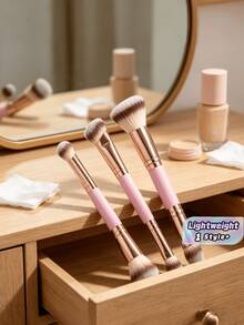 3 pièces Ensemble de pinceaux de maquillage à double extrémité, pinceau kabuki incliné pour le blush et la poudre, outil de beauté quotidien pour femmes - Or rose - Voir 1