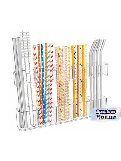 1Pc Acrylic Straw Holder For Cabinet Door, Wall Mount Large Straw Organizer Storage Rack For Drinking Straws & Cleaning Brushes, Multipurpose Makeup Brush Holder For Vanity Countertop