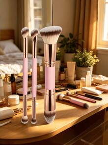 3 pièces Ensemble de pinceaux de maquillage à double extrémité, pinceau kabuki incliné pour le blush et la poudre, outil de beauté quotidien pour femmes - Or rose - Voir 4