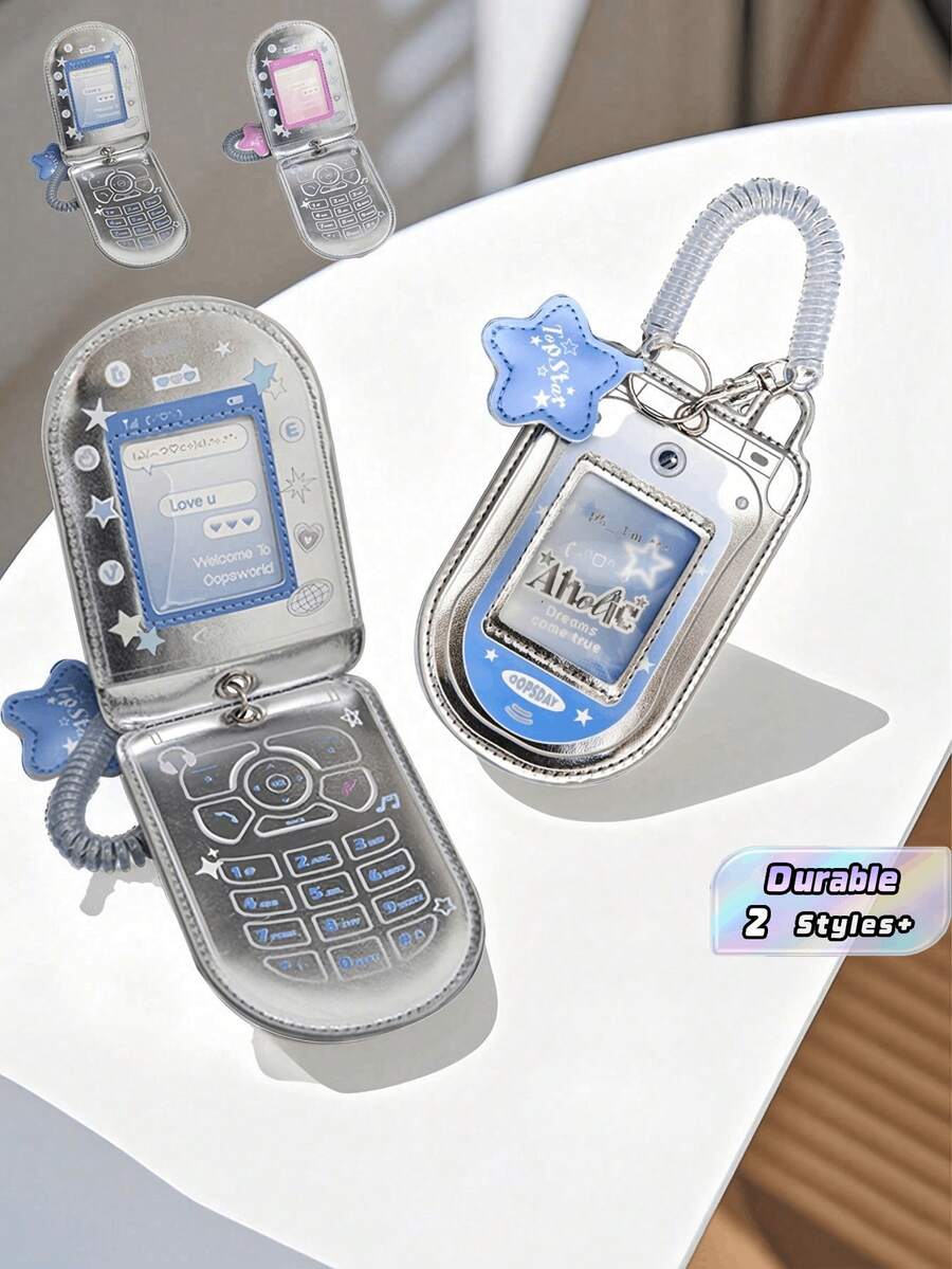 Silver Y2K Retro Flip Phone Card Holder, PU Leather Dual SIM ID Card Organizer, Mini Wallet Pouch With Keychain Cute Fashion Accessories - Multicolor - View 1