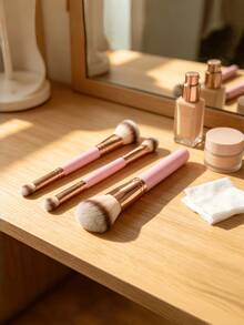 3 pièces Ensemble de pinceaux de maquillage à double extrémité, pinceau kabuki incliné pour le blush et la poudre, outil de beauté quotidien pour femmes - Or rose - Voir 2