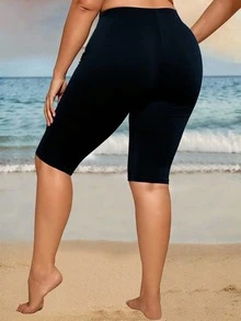 Swim Lushoire 大码女式数码印花拼接中长泳裤，海滩派对度假泳装 - 紫色 - 查看 2