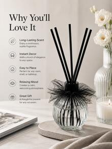 Haus Hana Light Green Vertical Striped Glass Reed Diffuser Bottle With Black Tulle Bow, Rattan Stick Home Fragrance Container, Long Lasting Air Freshener For Bathroom Bedroom, Father's Day & Eid Al-Adha Indoor Decorative Aroma Ornament - multicolor - View 4