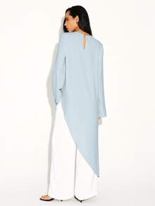 KSTM Asymmetric Flowing Long Sleeve Blouse With Draped Hem And Keyhole Back Detail - Dusty Blue - View 2