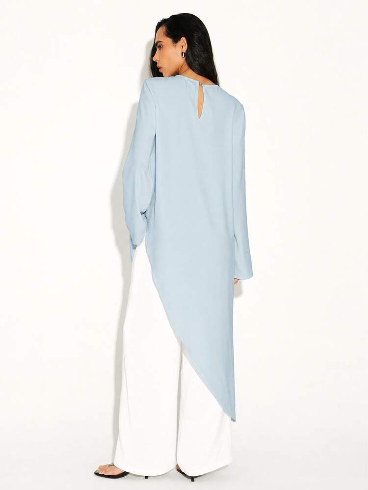 KSTM Asymmetric Flowing Long Sleeve Blouse With Draped Hem And Keyhole Back Detail