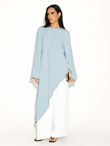 KSTM Asymmetric Flowing Long Sleeve Blouse With Draped Hem And Keyhole Back Detail - Dusty Blue - View 1