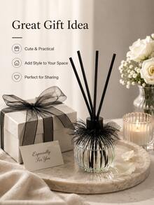 Haus Hana Light Green Vertical Striped Glass Reed Diffuser Bottle With Black Tulle Bow, Rattan Stick Home Fragrance Container, Long Lasting Air Freshener For Bathroom Bedroom, Father's Day & Eid Al-Adha Indoor Decorative Aroma Ornament - multicolor - View 3