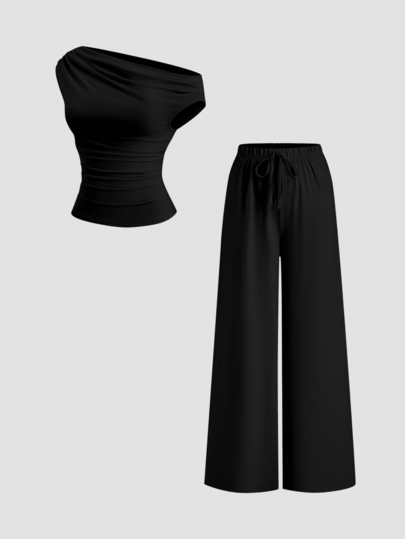 Sweetra Women's Spring/Summer Sweet Casual Asymmetrical Shoulder Top + Casual Long Pants Set
