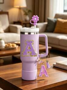 A-C 6-One Piece Cup Accessory Set, Excluding Cups And Straws (30- 40 Ounces)-Accessory Set Includes: 1 Straw Top, 1 Letter Amulet, 1 Silicone Cup Protective Base, And 1 Cup Letter Sticker, Perfect As A Daily Or Holiday Surprise Gift. - Flash Purple - View 2