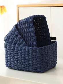 1PC( M/L) Handmade Woven Storage Baskets, Paper Rope Material Organizer Baskets For Living Room, Bedroom, Cabinet, Office, Home Decor, Farmhouse Decor, Holiday Gift Storage, Reusable Storage Bins For Stationery, Clothes, Toys, Cosmetics - Blue - View 7