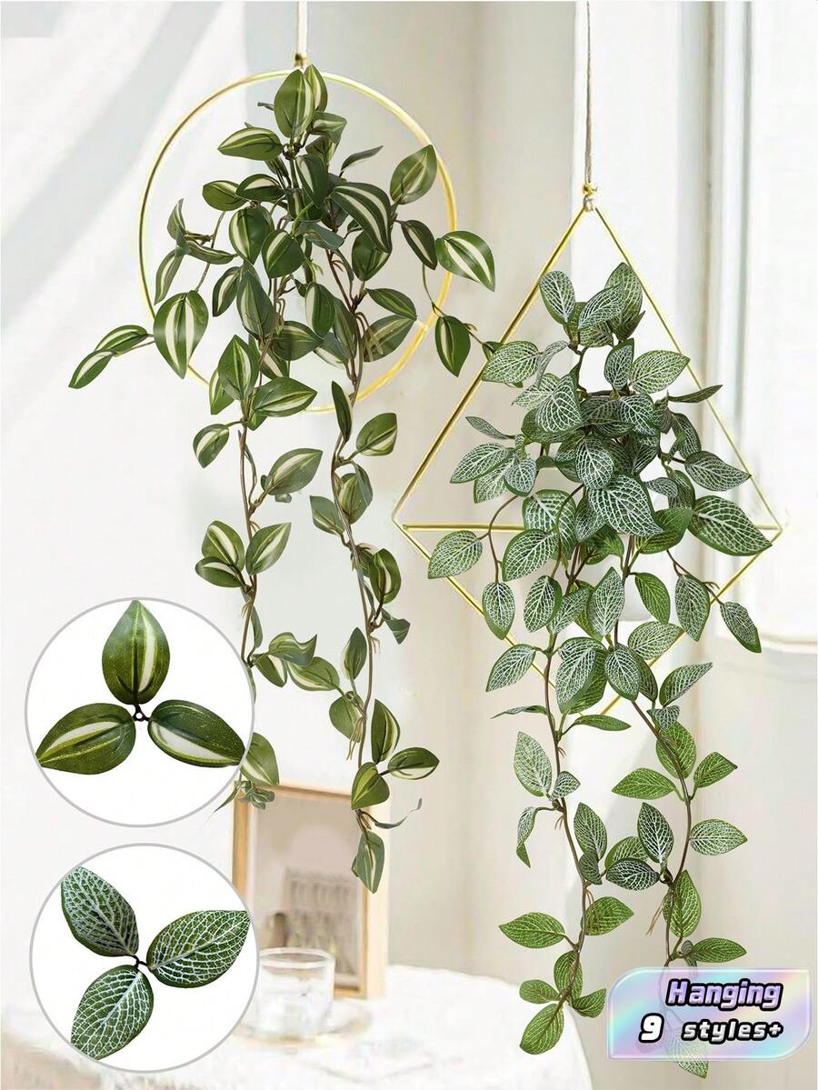 1/2pcs Artificial Plants, Vine Decor, 4 Options: A. Red Eyebrow Leaf, B. Green Eyebrow Leaf, C. Pepper Grass, D. Net Grass Mint Leaf. Green Decorations - Green - View 1