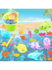 磁力釣魚玩具套組，多種包裝選擇，兒童磁力釣魚玩具套組包含磁力釣魚竿、魚網、方形/圓形釣魚池、漂浮塑膠魚，互動釣魚遊戲套組 - 彩色 - 查看 3