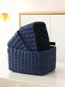 1PC( M/L) Handmade Woven Storage Baskets, Paper Rope Material Organizer Baskets For Living Room, Bedroom, Cabinet, Office, Home Decor, Farmhouse Decor, Holiday Gift Storage, Reusable Storage Bins For Stationery, Clothes, Toys, Cosmetics - Blue - View 3