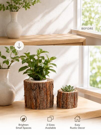 Haus Hana Rustic Bark Wood Stump Planter Pot, Floral Arrangement Bucket & Decorative Flower Container, Natural Log Style Vase For Dried Flowers, Faux Plants, Table Centerpiece, Living Room, Entryway, Wedding, Holiday & Housewarming Gift