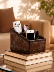 Cirelle 1Pc 3-Compartment Leather Storage Box, Stationery Storage Box, Item Storage, Suitable For Bedside, Office, Living Room, Minimalist Desktop Office Storage, Can Hold Remote Controls, Stationery - Multicolor - View 7