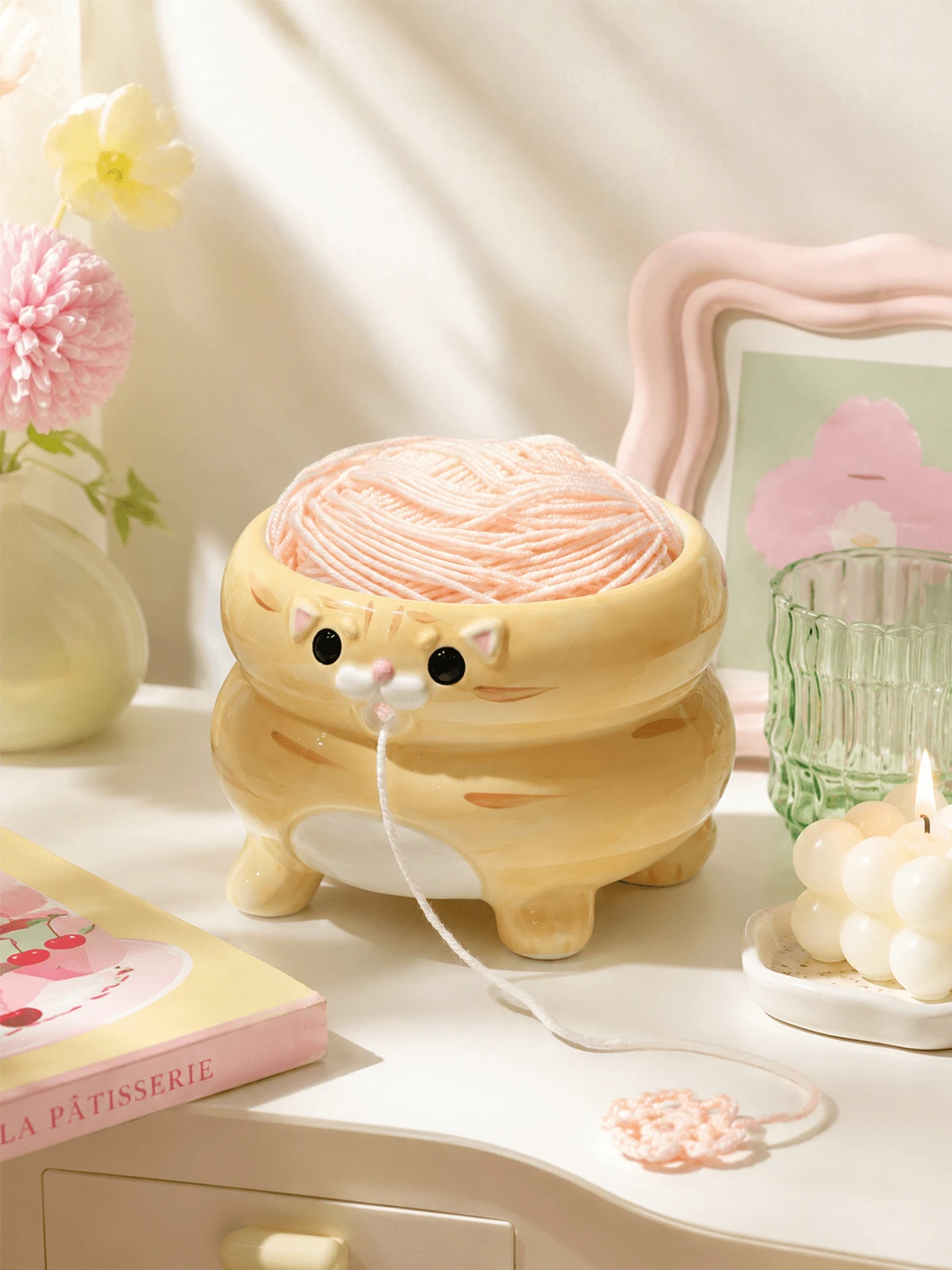 Zazumi Cute Cat Shaped Ceramic Yarn Bowl, Wool Storage Rack, Anti Tangle Wool Storage Device, Creative Handicraft Container, Knitting Enthusiasts' Tool Accessories, Knitting Enthusiasts, Crocheting Beginners And Cat Enthusiasts' Holiday Birthday Gifts - Multicolor - View 1