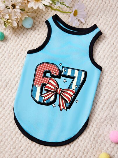 PETSIN 1pc Imitation Stripe Bow Number 67 Printed Pet Vest In Blue And Black, Soft And Breathable, Anti Shedding Pet Clothing