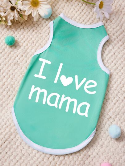PETSIN 1pc White Letter L Love MAM Printed Pet Tank Top Green Splicing White Soft Breathable Anti Hair Pet Clothing