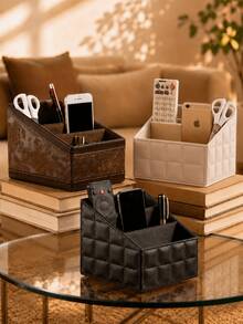Cirelle 1Pc 3-Compartment Leather Storage Box, Stationery Storage Box, Item Storage, Suitable For Bedside, Office, Living Room, Minimalist Desktop Office Storage, Can Hold Remote Controls, Stationery - Multicolor - View 4