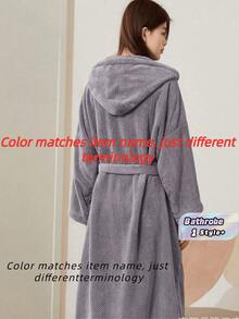1pc Purple Bathrobe For Women Terry Cotton Hooded Long Robe Lightweight Soft Quick Dry Loungewear - Purple - View 1