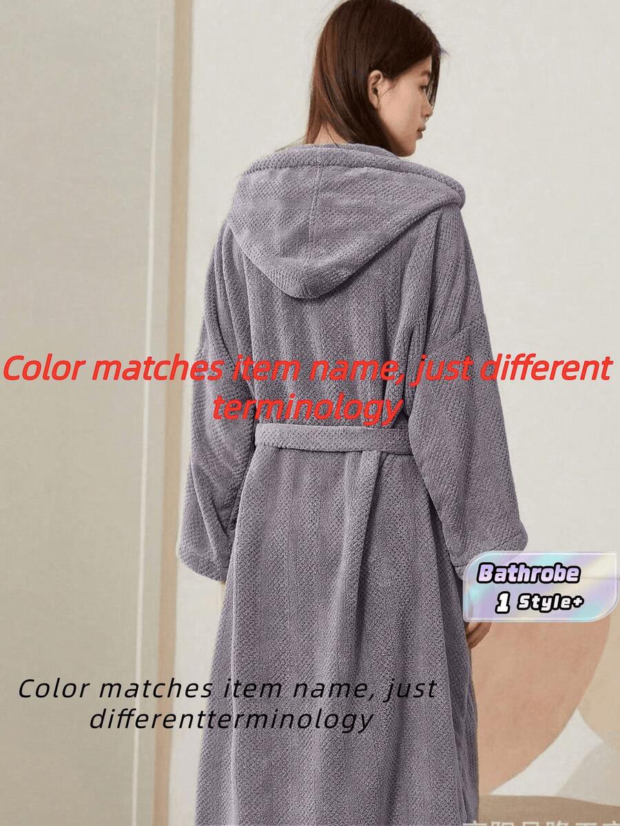 1pc Purple Bathrobe For Women Terry Cotton Hooded Long Robe Lightweight Soft Quick Dry Loungewear - Purple - View 1