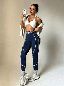 Velisys Velisys 2件組黑色與海軍藍女款運動緊身褲，春秋款，黑色緊身9/10長度，拼接運動標語腰帶，對比線條設計，性感百搭，適合日常休閒、跑步、瑜伽、健身房、網球、高爾夫 - 彩色 - 查看 4