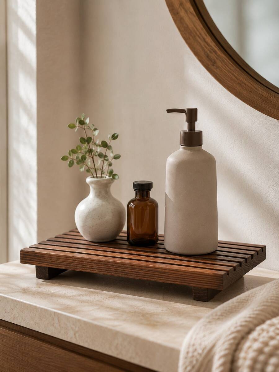 Haus Hana 1Pc Black/Brown Wooden Tray Stand, Modern Minimalist Raised Countertop Organizer, Rectangular Soap Dish Holder, Bathroom Vanity Storage Tray, Kitchen Sink Decor, Dresser Desktop Display Base For Home - Multicolor - View 1
