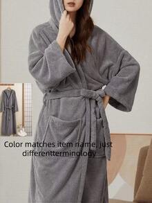 1pc Purple Bathrobe For Women Terry Cotton Hooded Long Robe Lightweight Soft Quick Dry Loungewear - Purple - View 2