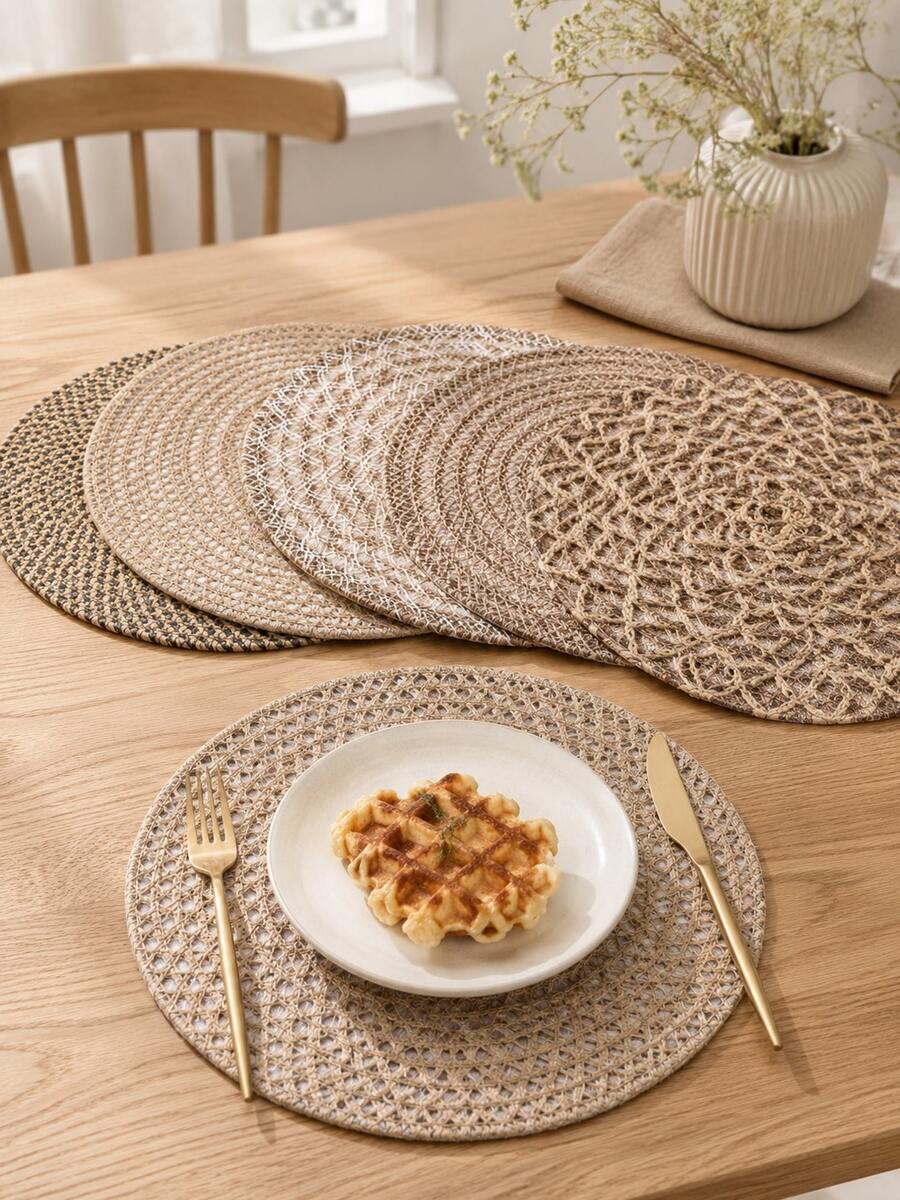 Haus Hana 1PC/5PCS Round Woven Heat Resistant Table Trivet, Natural Jute Pot Holder & Hot Dish Mat, Boho Dining Table Decor For Plates, Coffee Cups, Kitchen, Restaurant, Dinner Party, Holiday, Wedding, Housewarming Gift & Table Placemat